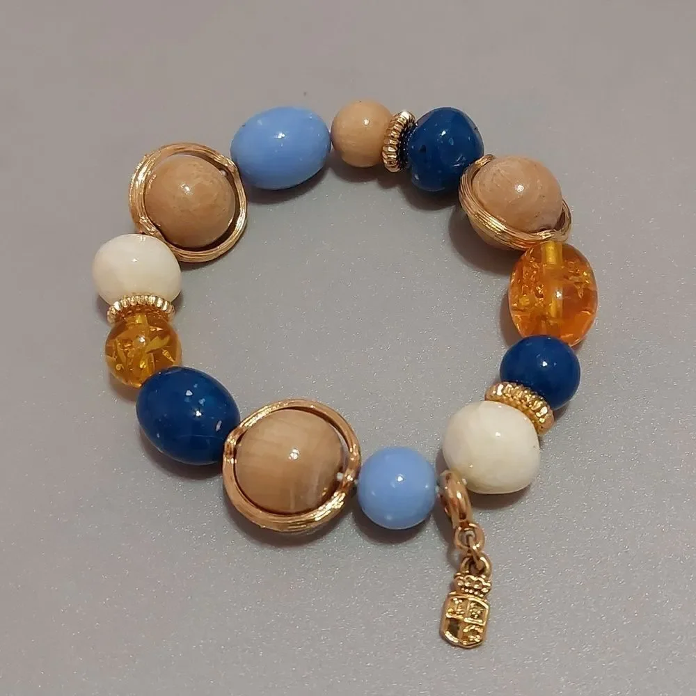 Liz Claiborne Multicolor Stretch Bracelet Lacquered Wood Faux Amber Acrylic Bead